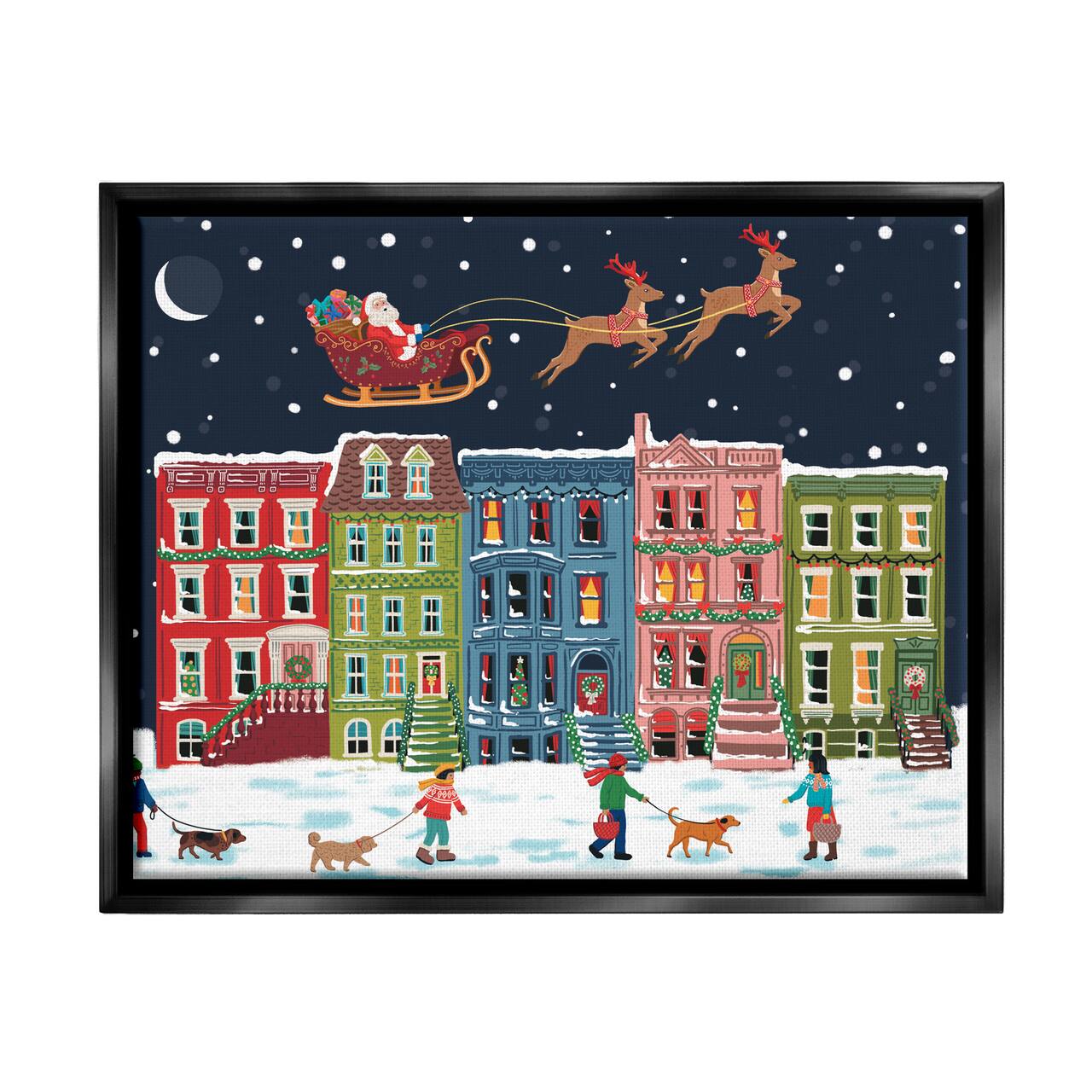 Stupell Industries Snowy Christmas Town Santa Overhead Framed Floater Canvas Wall Art